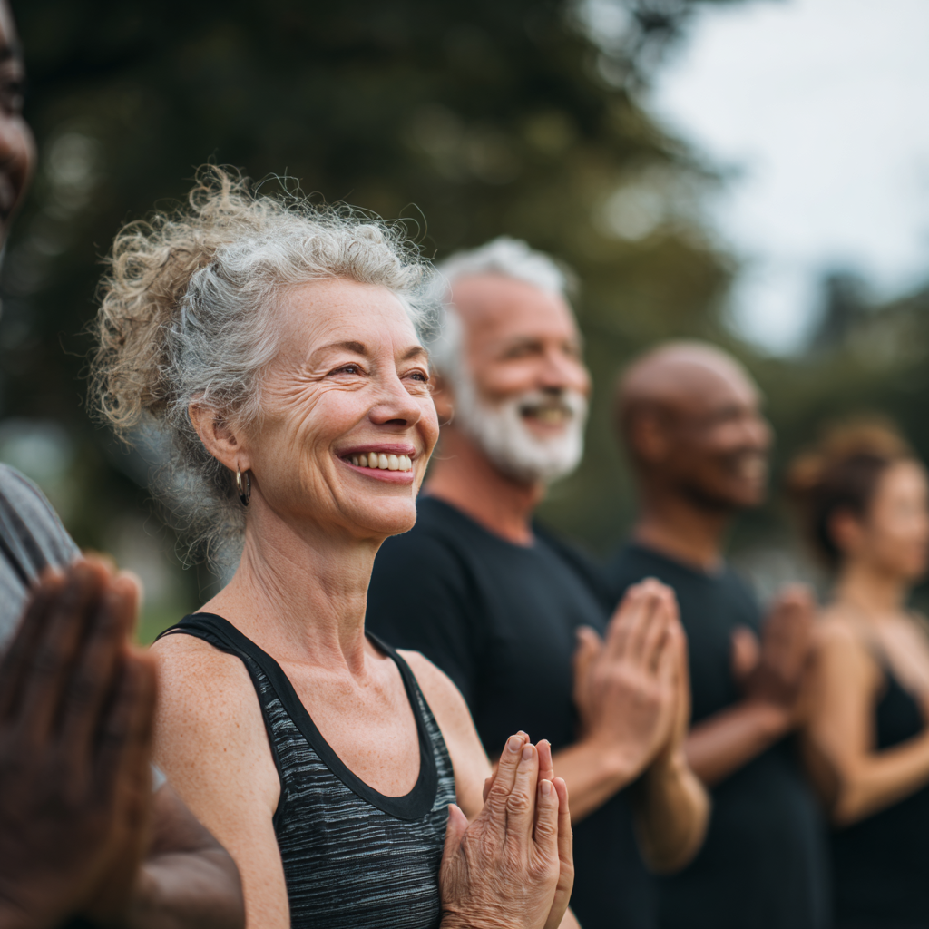 Група от усмихнати хора от различна възраст практикуват йога в светло студио, показвайки общност и благополучие
