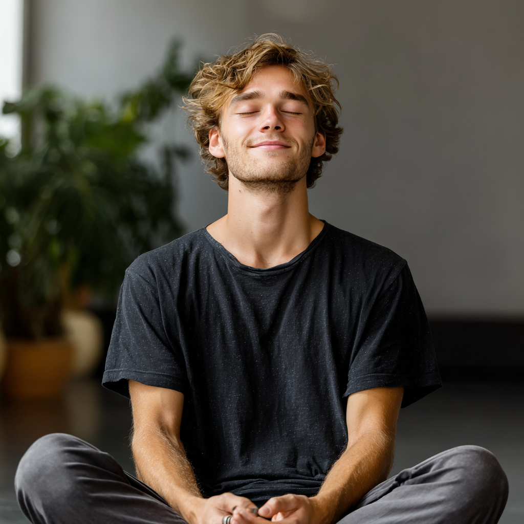 Спокоен мъж на средна възраст медитира в лотус позиция, показвайки вътрешен мир и концентрация